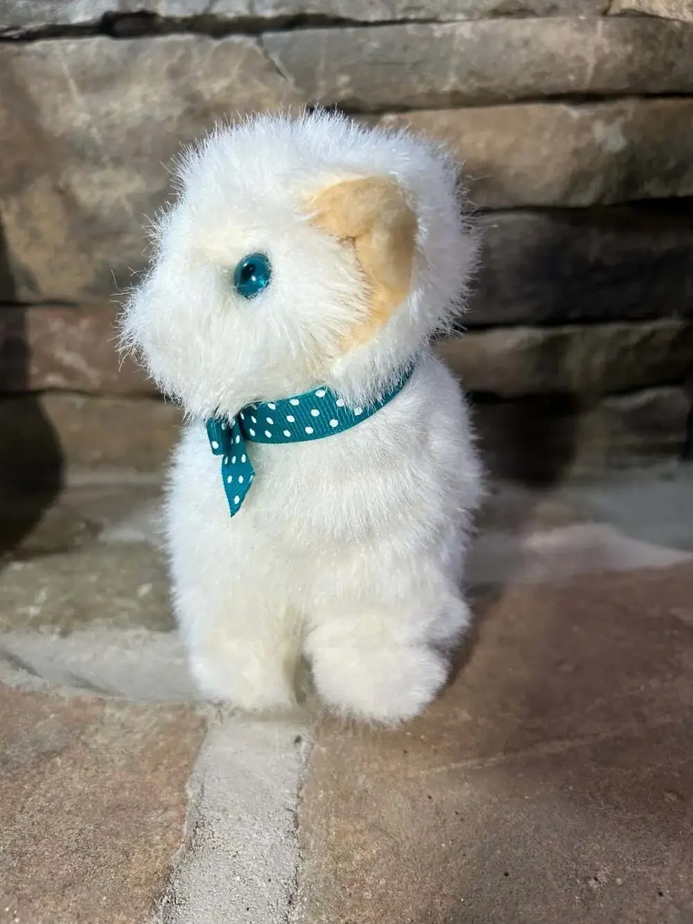 GUND vintage White Kitten Plush Teal polka dot bow Blue Eyes